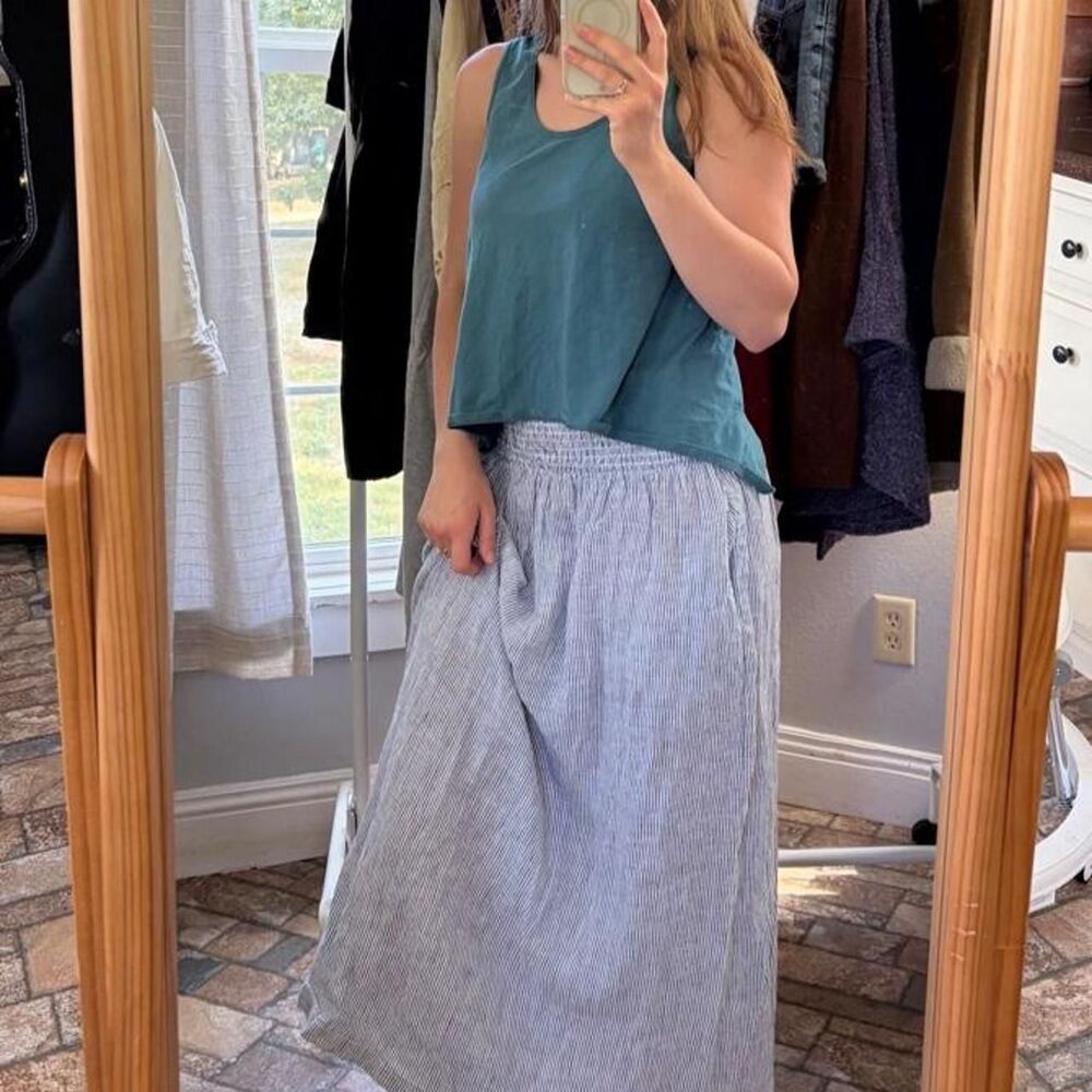 tahari Blue and white pinstripe elastic waist linen maxi boho natural Skirt